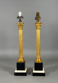 Two Gilt Bronze, Marble, and Carved Agate Columns with Roman Busts