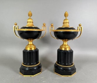 Large Pair of Louis XVI Style Marble and Gilt Bronze Cassolettes