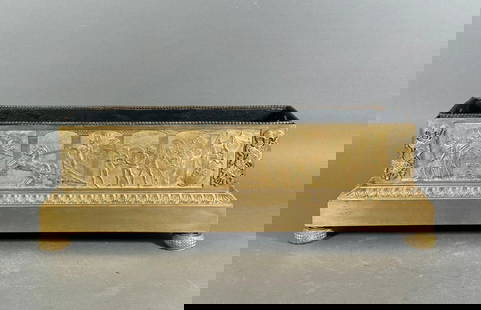 French Empire Gilt Bronze Jardiniere, 19thc.: French Empire Gilt Bronze Jardiniere, 19thc. Rectangular form on conforming base and bun feet, the frieze cast in relief with a Panathenaic procession centered by Athena in a horse drawn chariot, with
