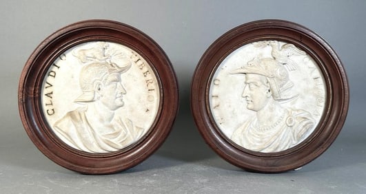 Pair of Antique Italian Marble Portrait Tondos, Emperors Tiberius and Caligula
