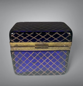 Cobalt Blue Glass Box with Incised Diamond Pattern