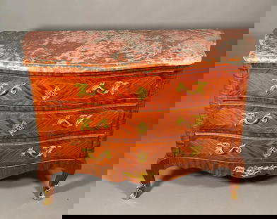 Louis XV Style Parquetry Commode with Marble Top: Louis XV Style Parquetry Commode with Marble Top, late 19th-early 20thc. With pink and gray veined serpentine marble top over a conforming case with three sans traverse drawers, with gilt bronze pulls