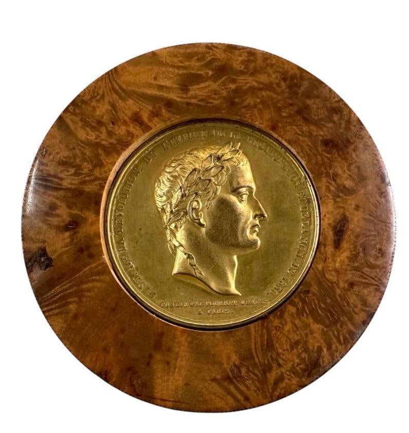 French Gilt Bronze Napoleon Medal Mounted in Burl Wood Box (1 of 7)