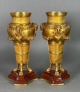 A Pair of Louis XV Gilt Bronze Urns, F. Barbedienne, Paris, 19thc.: A Pair of Louis XV Gilt Bronze Urns, Ferdinand Barbedienne (French 1810-1892), Paris, 19thc. Finely cast tapering forms in gilt bronze cast with ram&#39;s head masks, floral swags, fluting and laurel
