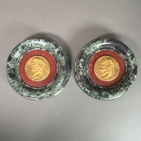 Two Gilt Bronze Roman Portrait Reliefs in Marble Frames