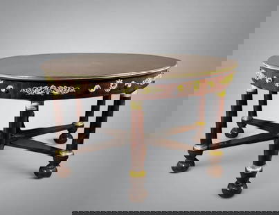 Fine Large French Empire Mahogany and Gilt Bronze Center Table, c. 1815: Fine Large French Empire Mahogany and Gilt Bronze Center Table, c. 1815. The circular mahogany top inlaid with a sunburst pattern, over a plain frieze with six drawers, each fitted with gilt bronze pu