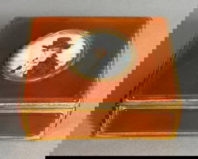 Gilt Metal and Resin Box with Portrait Miniature, 19thc.: Gilt Metal and Resin Box with Portrait Miniature, 19thc. rectangular box with slant top in gilt metal fitted with translucent orange resin panels, inset to the top with a circular portrait miniature o