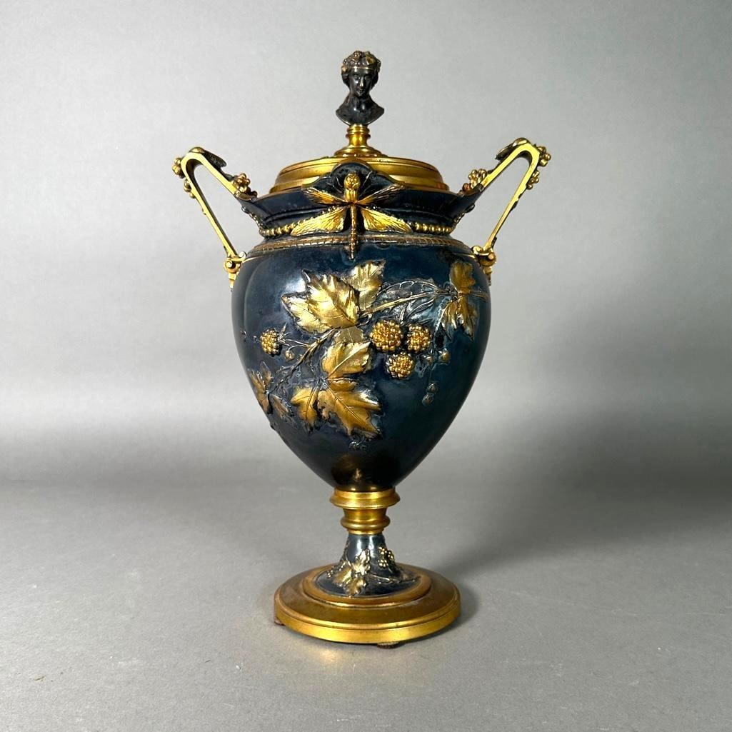 Unusual French Bronze Covered Urn, c.1900: Unusual French Bronze Covered Urn, c.1900, of baluster form on pedestal base with applied handles, cast to both side with fruiting branches on a blued bronzed ground, cast wit a dragonfly to each side
