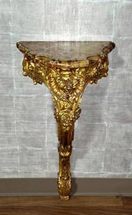 Louis XV Style Petite Giltwood Console Table with Marble Top: Louis XV Style Petite Giltwood Console Table with Marble Top, late 19th-early 20thc. The Breche d&#39;Alep marble top over conforming base, on single cabriole leg carved and gilded with foliate scroll
