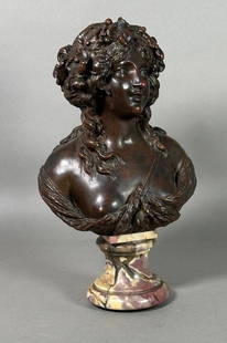 Bronze Bust of a Bacchante by Joseph Charles Marin, 19thc.: Bronze Bust of a Bacchante, 19thc. By Joseph Charles Marin (French 1759-1834) Bust length bronze figure of a young female bacchante, wearing an animal skin draped across her bust and secured with a st