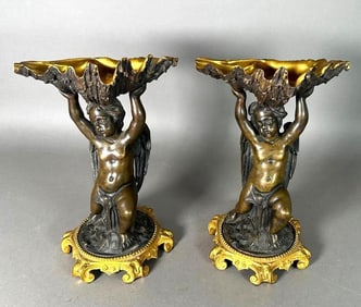 Two French Bronze Cherub Figural Tazze with Shell Form Dishes, 19thc.