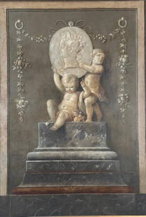 Manner of Piat Joseph Sauvage, Oil,  A Decorative Trophy: Manner of Piat Joseph Sauvage (Flemish 1744-1818) A Decorative Trophy, painted 'en grisaille,' depicting two cherubs on a marble pedestal supporting a classical oval profile portrait relief medallion