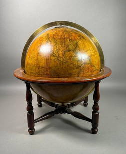 Cary's Terrestrial Table Globe: Cary's Terrestrial Table Globe, London, 19thc. Brass meridian, in a circular horizon band with paper calendar(replaced) in turned wood stand. Dimensions: 18 in.h. 18 in. dia. of stand. Condition: