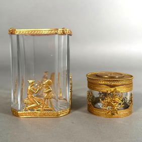 French Crystal and Gilt Bronze Mounted Vase and Patch Box, 19thc.