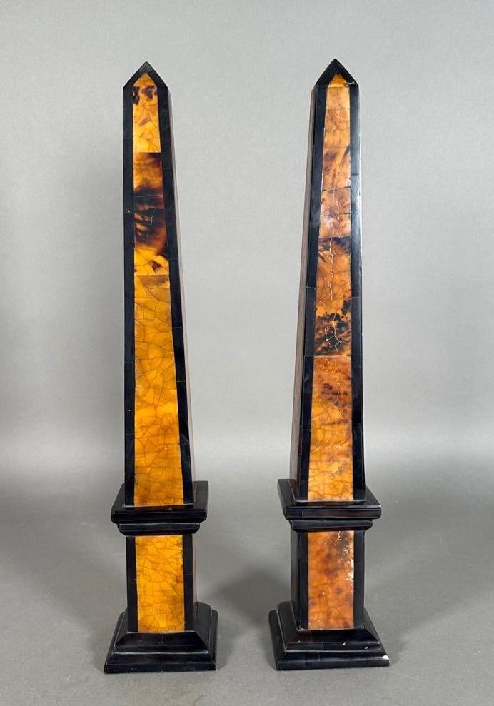 A Pair of Vintage Tavola by Oggetti Shell and Horn Veneered Obelisks: A Pair of Vintage Tavola by Oggetti Shell and Horn Veneered Obelisks, on columnar bases, bearing Oggetti label to base. Dimensions: 16.25 in.h. Condition: Very good with no damage or restorations.