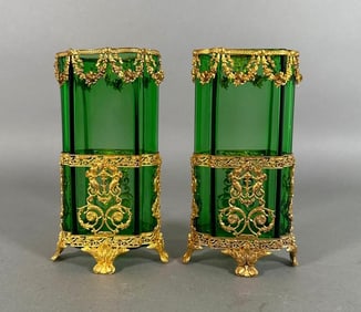 Pair of French Green Crystal Bronze Mounted Vases, 19thc.