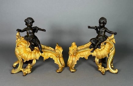 Pair of Louis XV Style Bronze Chenets with Putti, 19thc.