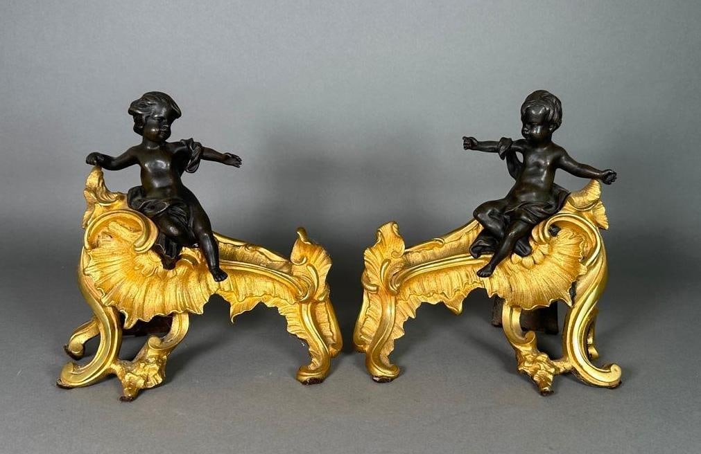 Pair of Louis XV Style Bronze Chenets with Putti, 19thc. (1 of 11)
