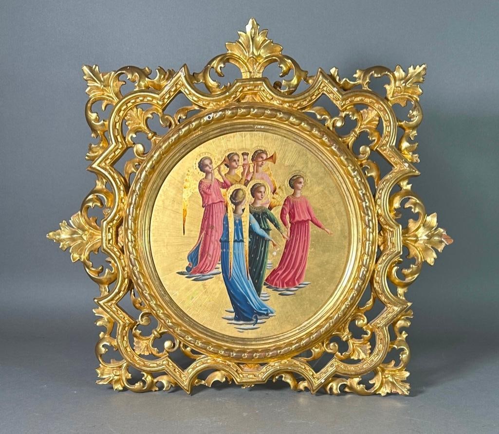 The Trumpeting Angels, After Fra Angelico, A Grand Tour Tondo: After Fra Angelico (Italian 1395-1455) The Trumpeting Angels, from the Coronation of the Virgin, oil, incising and gilding on wood panel, tondo, framed in Venetian giltwood frame. Dimensions: 19 x 19