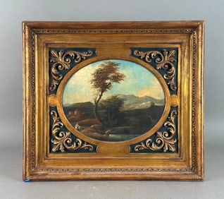 19thc. Italianate Oil, Landscape with Fisherman and Washerwoman