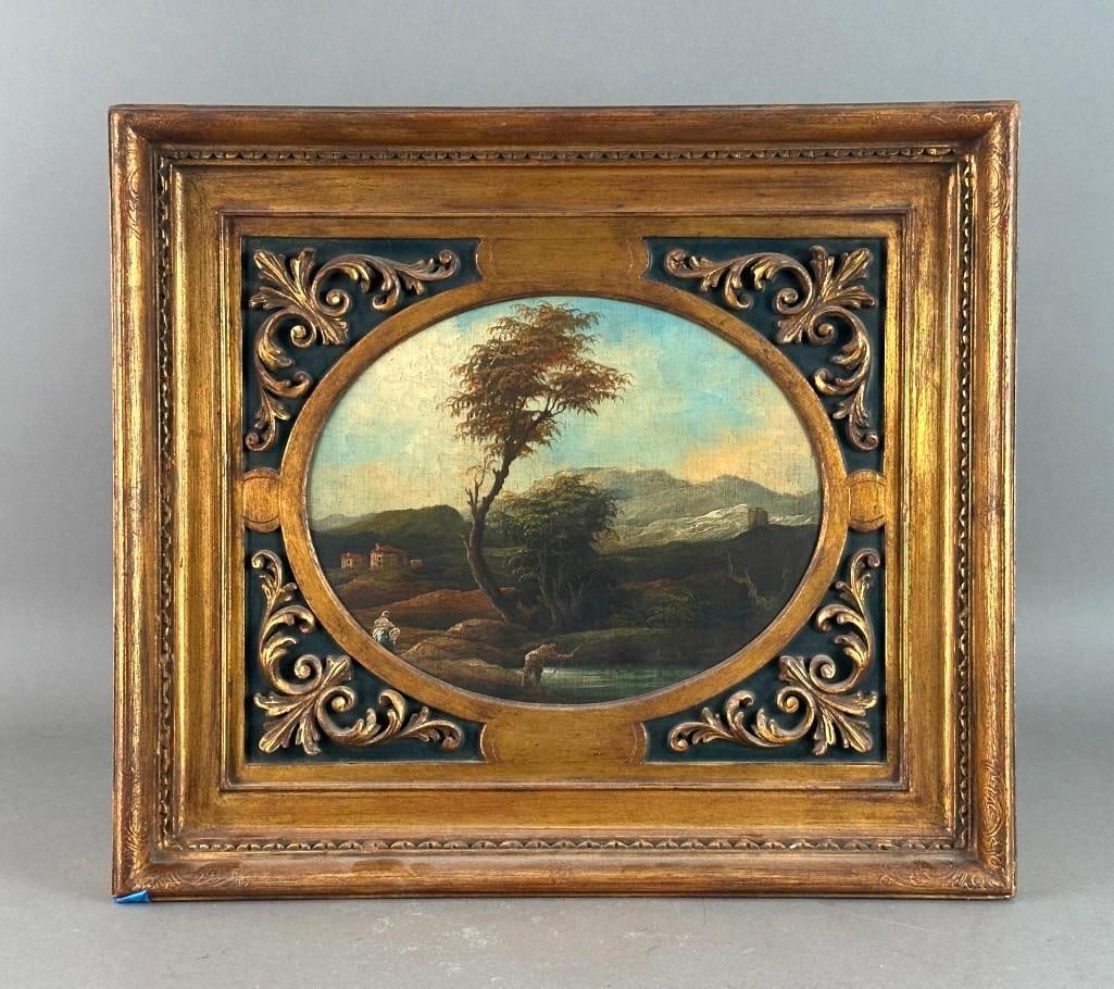 19thc. Italianate Oil, Landscape with Fisherman and Washerwoman (1 of 8)