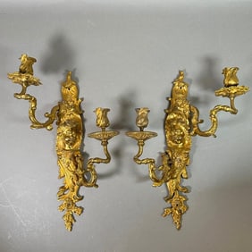 A Pair of French Rococo Style Gilt Bronze Two Light Wall Sconces