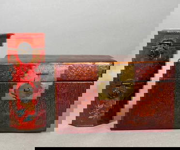 Two Chinese Lacquer Decorated Boxes, Modern: Two Chinese Lacquer Decorated Boxes, Modern. Comprising a rectangular box decorated with a village scene and an octagonal two tiered box decorated with dragons in blue and gold on a red ground. Dimens