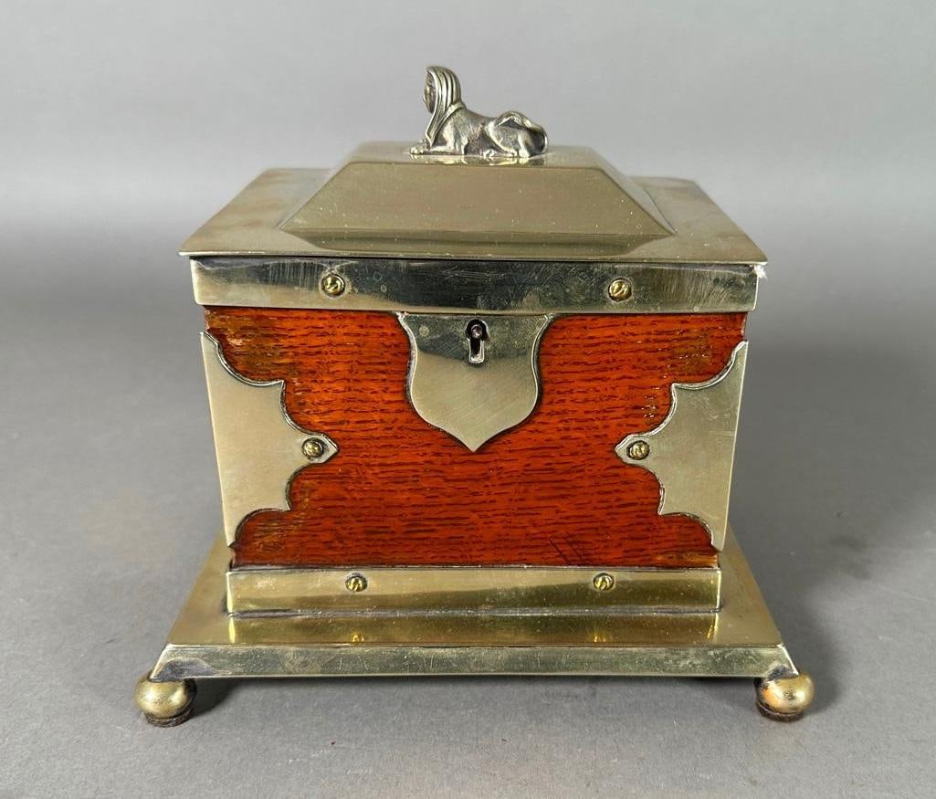 English Silver Plate and Oak Biscuit Box with Sphinx Finial, 19thc. (1 of 8)