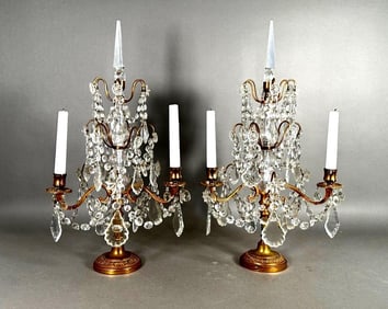 A Pair of Bronze and Crystal Three Light Girondoles