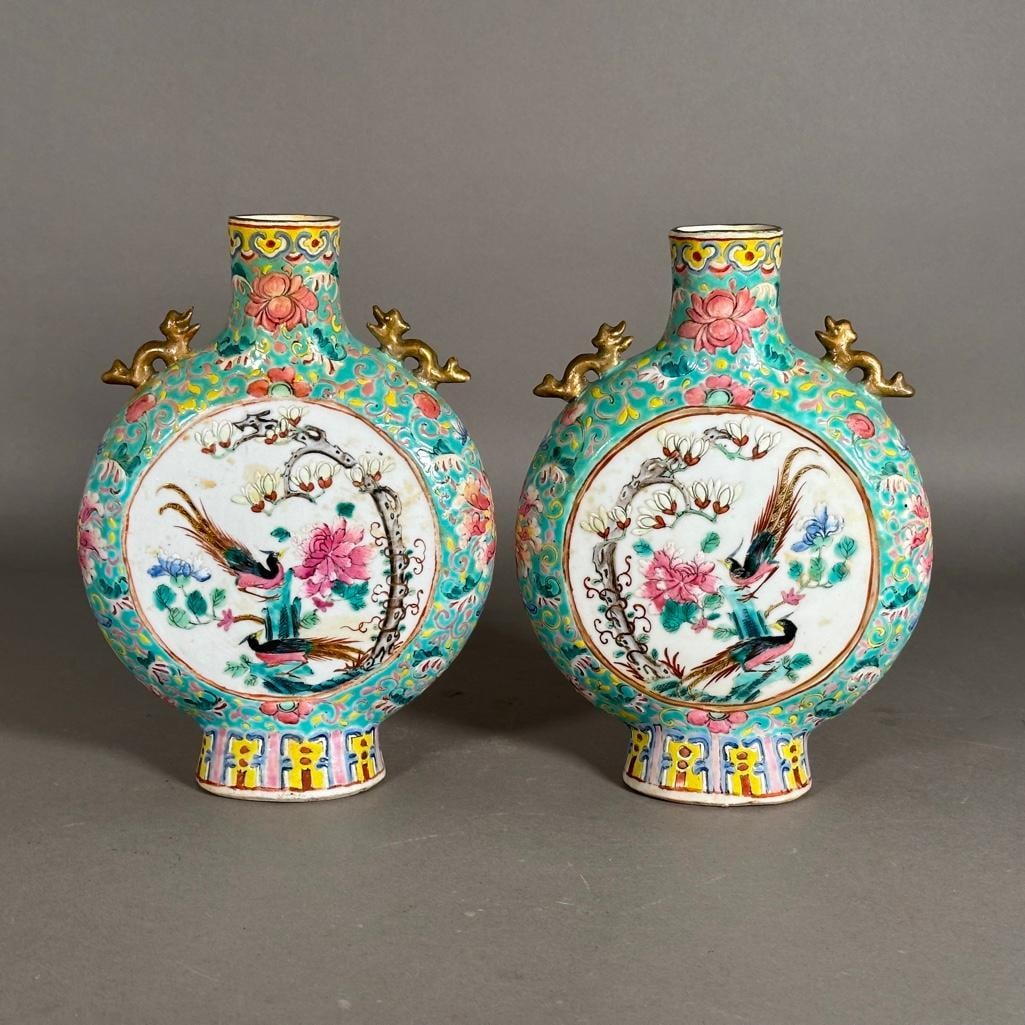 Pair of Chinese Qing Style Polychrome Glaze Porcelain Moon Flasks, Modern: Pair of Chinese Qing Style Polychrome Glaze Porcelain Moon Flasks, Modern. decorated with a procession, the other with pheasants in magnolia and peony, reserved on a turquoise and floral glazed ground