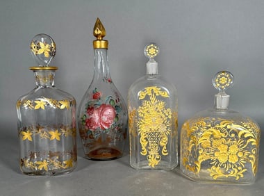 Four Glass Decanters with Gilding and Enamel Decoration