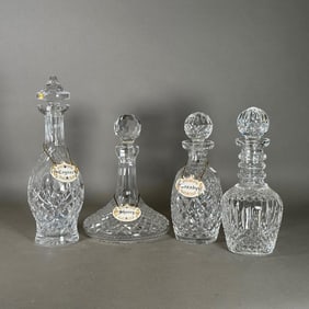Lot of Four Crystal Decanters with Porcelain Bottle Tags