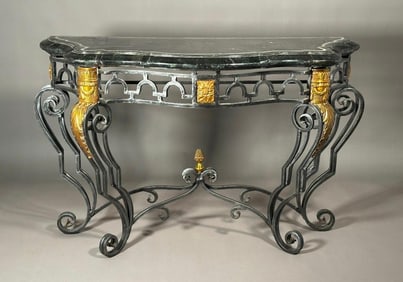 Modern Travertine Veneer and Wrought Iron Console Table
