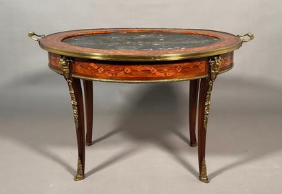 French Louis VX Style Marquetry Tray Table with Inset Marble Top