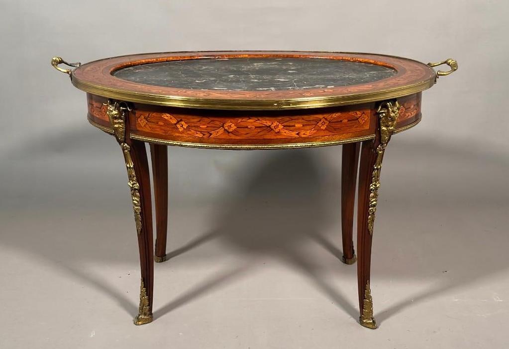 French Louis VX Style Marquetry Tray Table with Inset Marble Top (1 of 9)