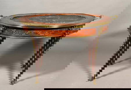 French Louis VX Style Marquetry Tray Table with Inset Marble Top: French Louis XV Style Marquetry Tray Table with Inset Marble Top, late 19th-early 20thc. The oval top with inlaid marquetry floral and ribbon border, on squared downswept legs fitted with gilt bronze