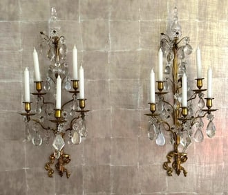 Pair of Gilt Bronze and Crystal Five Light Wall Sconces