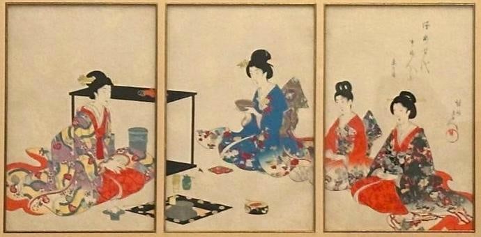 Toyohara Chikanobu Color Woodblock PrintTriptych, Beauties Performing the Tea Ceremony: Toyohara Chikanobu (Japanese 1838-1912) Beauties Performing the Tea Ceremony, color woodblock print, triptych, matted and framed. Dimensions: 13 x 8.5 in. each, 22.5 x 36 as framed. Condition: Paper l
