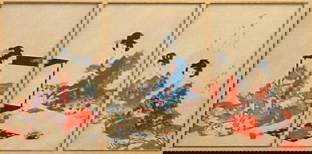 Toyohara Chikanobu Color Woodblock PrintTriptych, Beauties Performing the Tea Ceremony: Toyohara Chikanobu (Japanese 1838-1912) Beauties Performing the Tea Ceremony, color woodblock print, triptych, matted and framed. Dimensions: 13 x 8.5 in. each, 22.5 x 36 as framed. Condition: Paper l