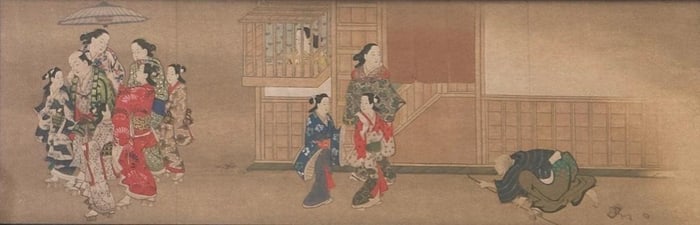 Japanese Stencil Print, Figures Along a Street