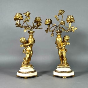 Pair of French Gilt Bronze Two Light Figural Candelabra