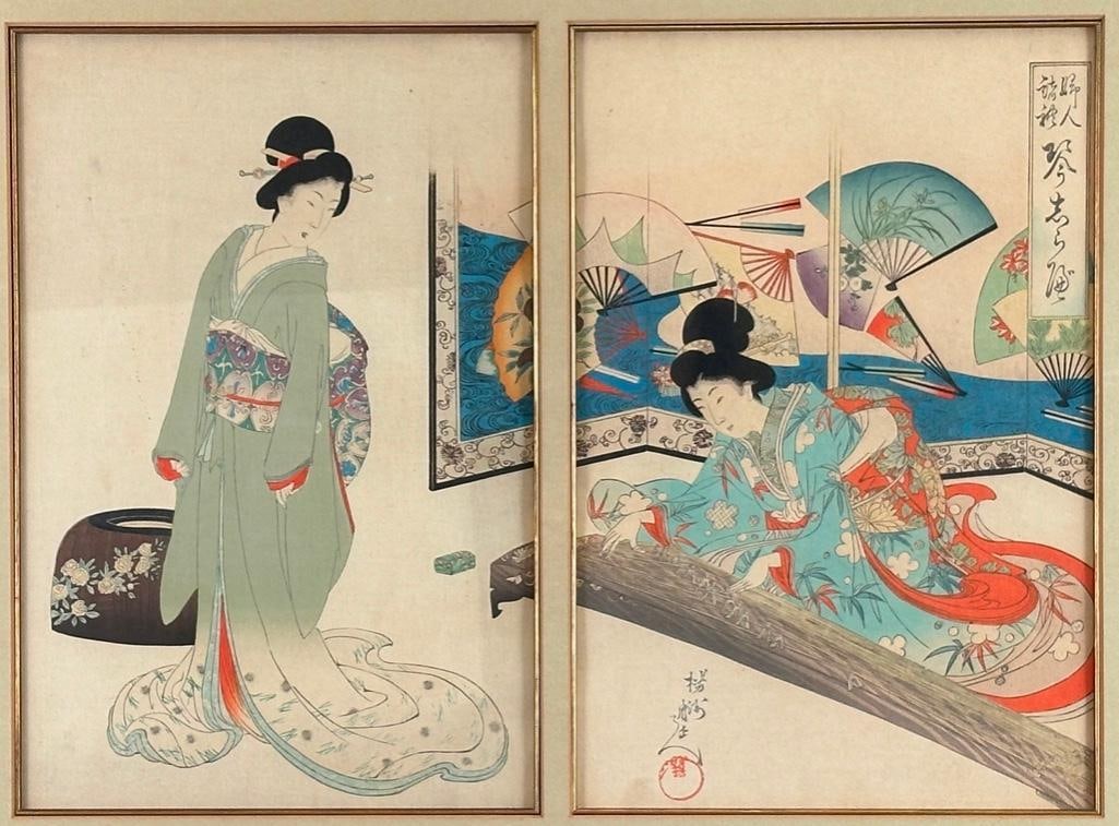 Toyohara Chikanobu Color Woodblock Print Diptych, Melody of the Harp (1 of 10)