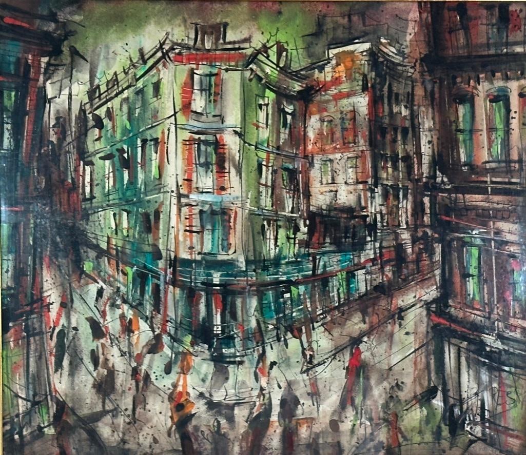 Richard Gosminski Watercolor, "Five O'Clock Rush": Richard Gosminski (American 1926-?) "Five O'Clock Rush," 1948, watercolor on paper, signed in pencil lower right. Exhibited: The Cleveland Museum of Art May Show, 1948, bearing acceptance label verso.
