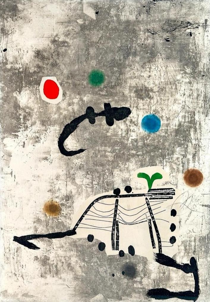Joan Miro Lithograph, "Personatge I Estels II": Joan Miro (Spanish 1893-1983) "Personatge I Estels II," 1979, etching, aquatint and collage in colors on Arches wove paper, signed in pencil lower right, numbered 26/50 lower left. Published by Maeght