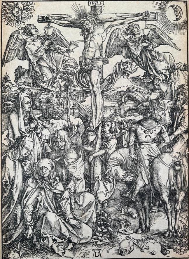 After Albrecht Durer Woodcut, "The Crucifixion (The Large Passion)": After Albrecht Durer (German 1471-1528) "The Crucifixion (The Large Passion)," woodcut on laid paper. Loose sheet in matting. Dimensions: 15.25 x 11 in. image size, 15.5 x 11.33 in. sheet size. No wat