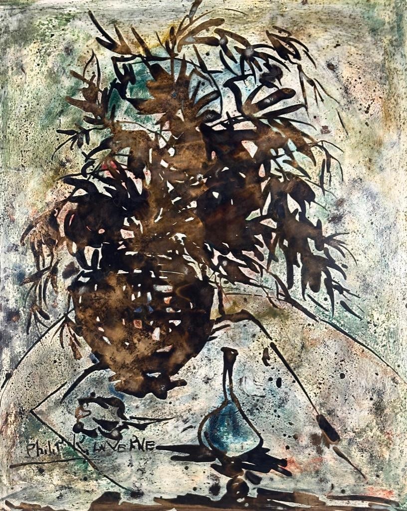 Philip and Kelvin LaVerne Framed Bronze Wall Panel, Still Life: Philip and Kelvin LaVerne Framed Bronze Wall Panel, Still Life, a framed rectangular panel decorated with a still life on a table with a vase issuing leafy stems and a small bottle. Acid etched bronze