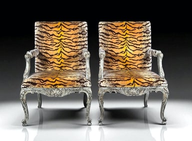 Pair of Widdicomb Tiger Upholstered Louis XV Style Fauteuils