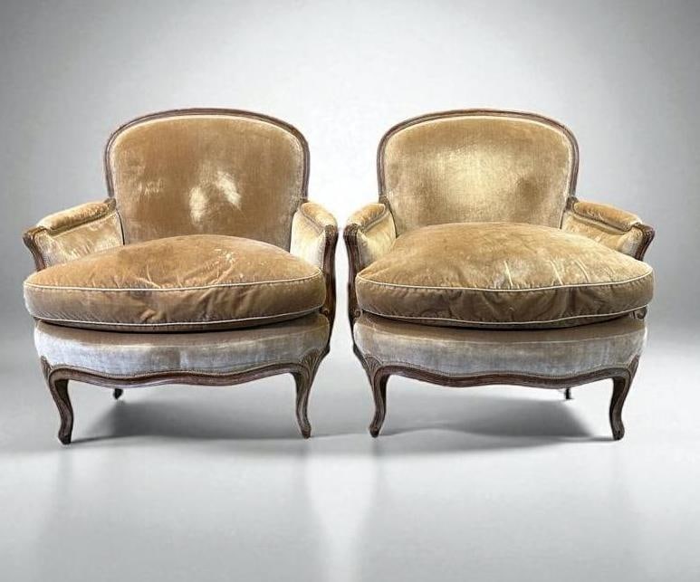 Pair of Larger Scale Louis XV Style Bergeres: Pair of Larger Scale Louis XV Style Bergeres, Lovely pair of Bergeres, in lime washed walnut or fruitwood, with arched upholstered backs and shaped padded arms over down filled loose seat cushions, ra