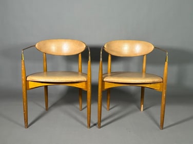 Pair of Ib Kofod-Larsen Beech Wood and Brass Armchairs