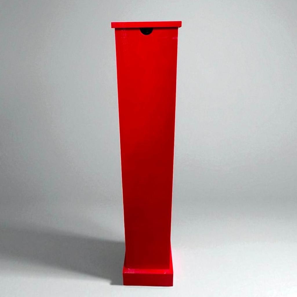 Custom Red Acrylic Column Form Cabinet: Custom Red Acrylic Column Form Cabinet, contemporary, the squared form with hinged door opening to an interior with in brown acrylic fitted with shelves, the door interior fitted with integral CD stor